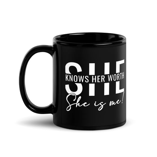 She Knowns Her Work White Print Black Glossy Mug