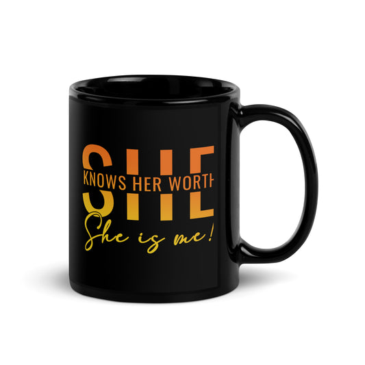 She Knowns Her Worth Black Glossy Mug