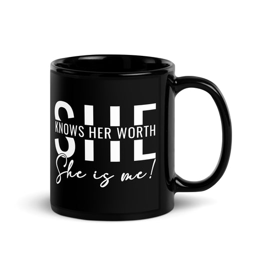 She Knowns Her Work White Print Black Glossy Mug