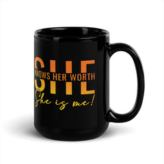 She Knowns Her Worth Black Glossy Mug