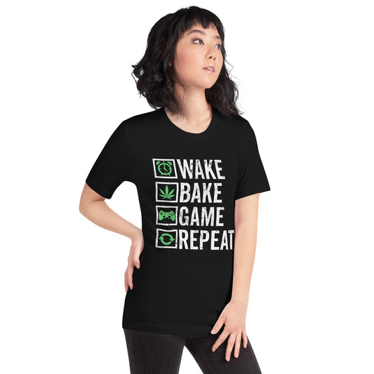 Wake-Bake-Game-Repeat-420-Weed-Cannabis-THC-Stoner t-shirt